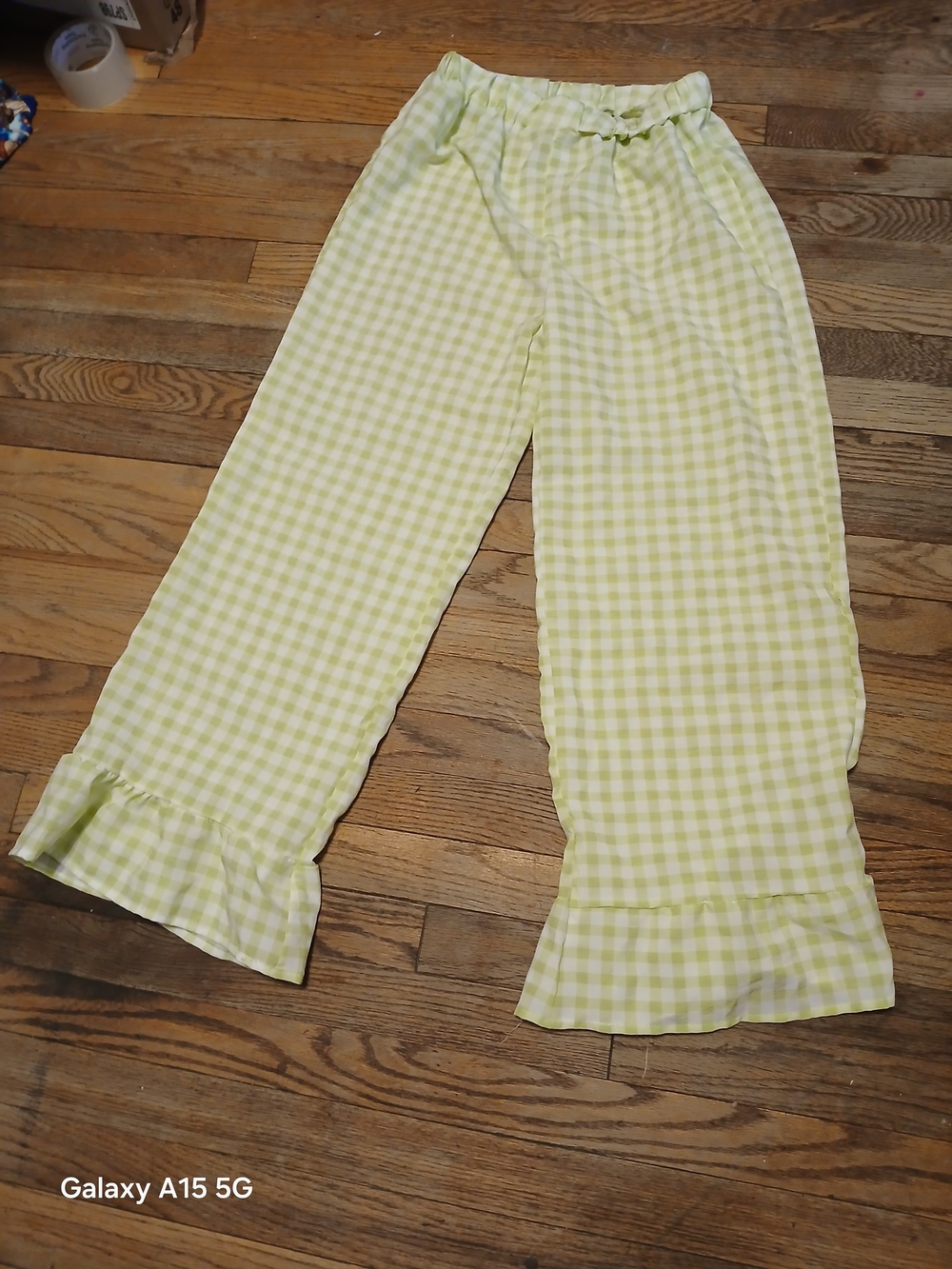 Light Green Gingham Ruffle Hem Wide Leg Pants Brand New !